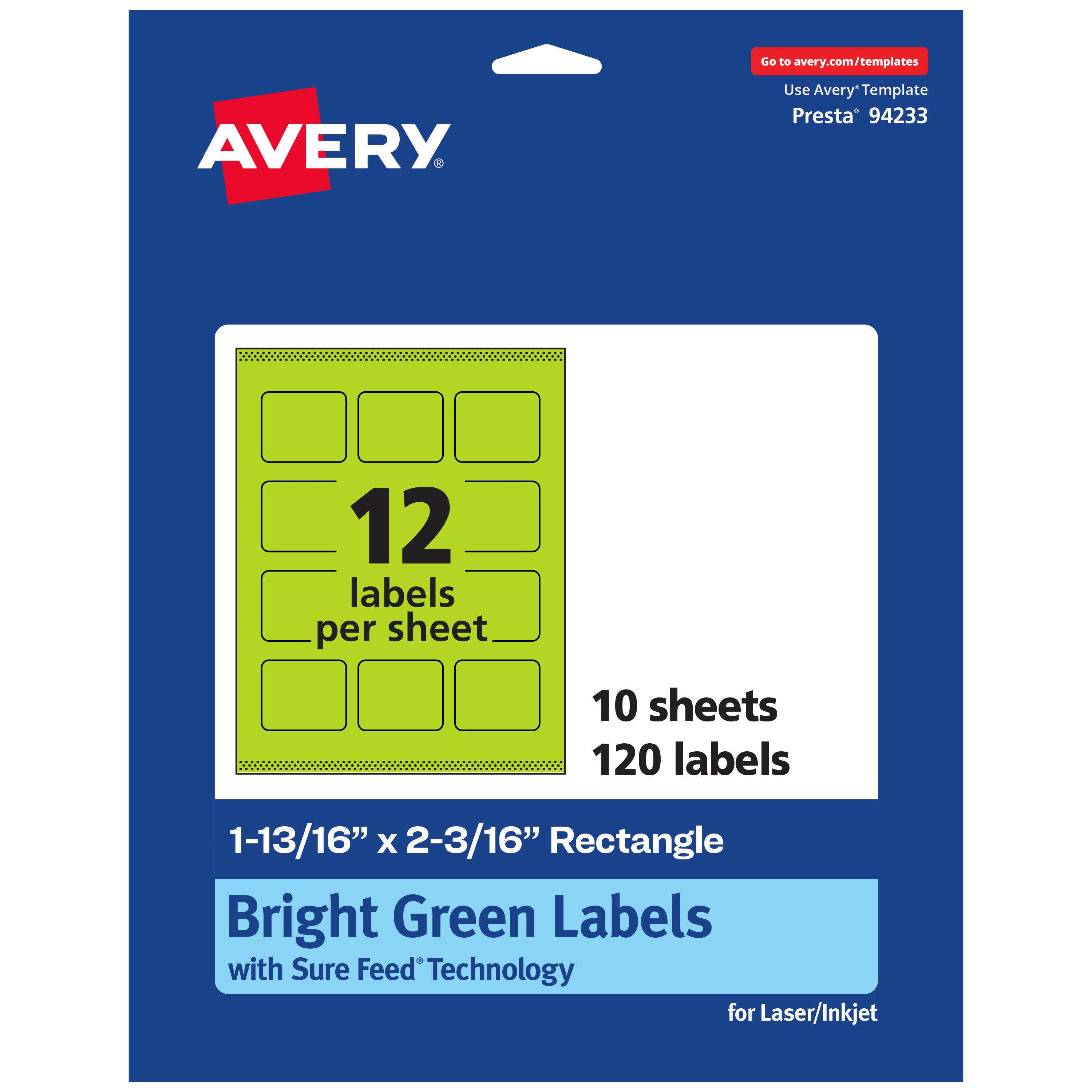 Go to avery.com/templates  
AVERY  
Use Avery Template Presta® 94233  
12 labels per sheet  
10 sheets  
120 labels  
1-13/16" x 2-3/16" Rectangle  
Bright Green Labels with Sure Feed Technology for Laser/Inkjet