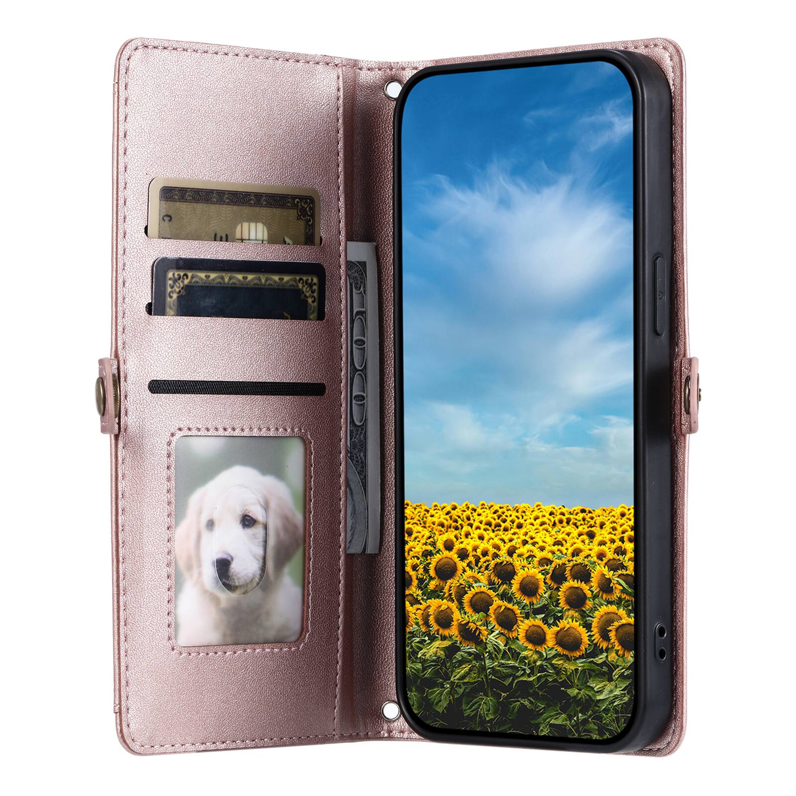 Angle. Dteck - Foilo Wallet Case for Google Pixel 10 /10 Pro,Shockproof Card Holder PU Leather Magnetic Snap Phone Cover with Lanyard - Rosegold.