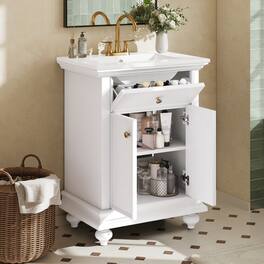 Whisen - 24" Modern Bathroom Vanity Cabinet with Sink Tip-Out Soft-Close Hinges Back Open Ball-Turned Legs - White