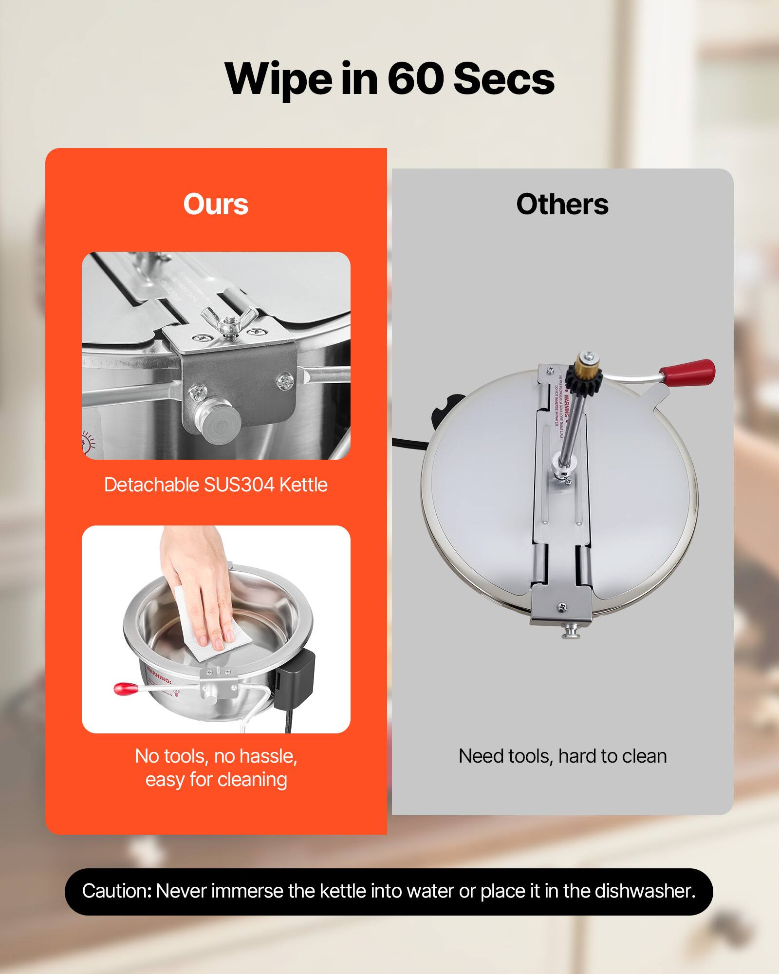 Wipe in 60 Secs

Ours
- Detachable SUS304 Kettle
- No tools, no hassle, easy for cleaning

Others
- Need tools, hard to clean

Caution: Never immerse the kettle into water or place it in the dishwasher.