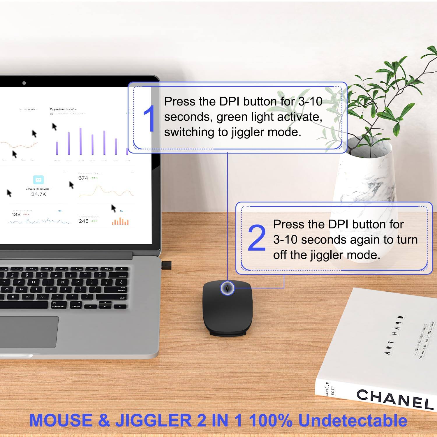 DPI button for 3-10 seconds, green light activate, switching to jiggler mode.

Press the DPI button for 3-10 seconds again to turn off the jiggler mode.

MOUSE & JIGGLER 2 IN 1 100% Undetectable