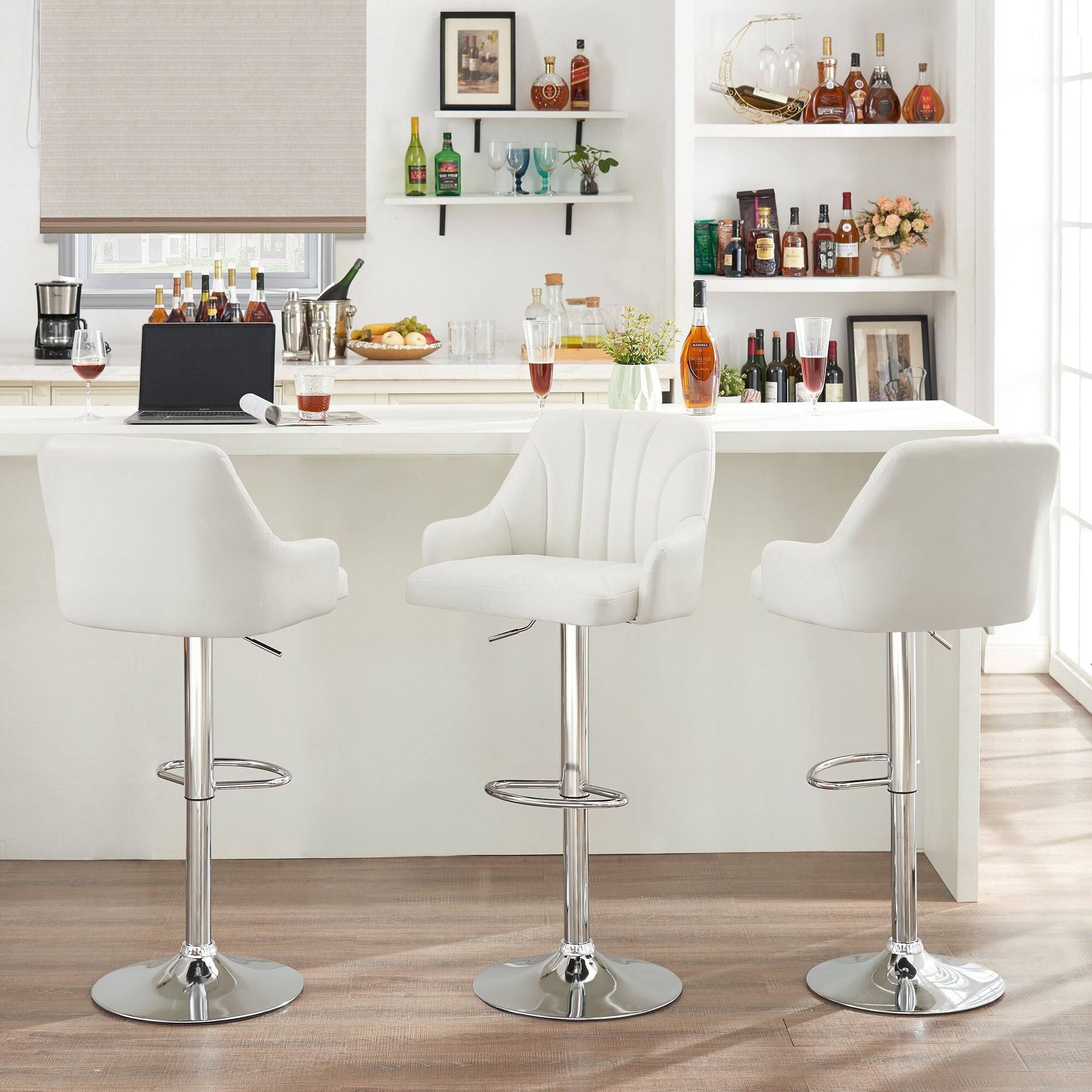 Alt View 4. Vecelo - Set of 4 Adjustable Swivel Bar Stools - PU Leather Seat, 360° Rotation, Height 35.4"-43.7", 330lb Capacity - White.