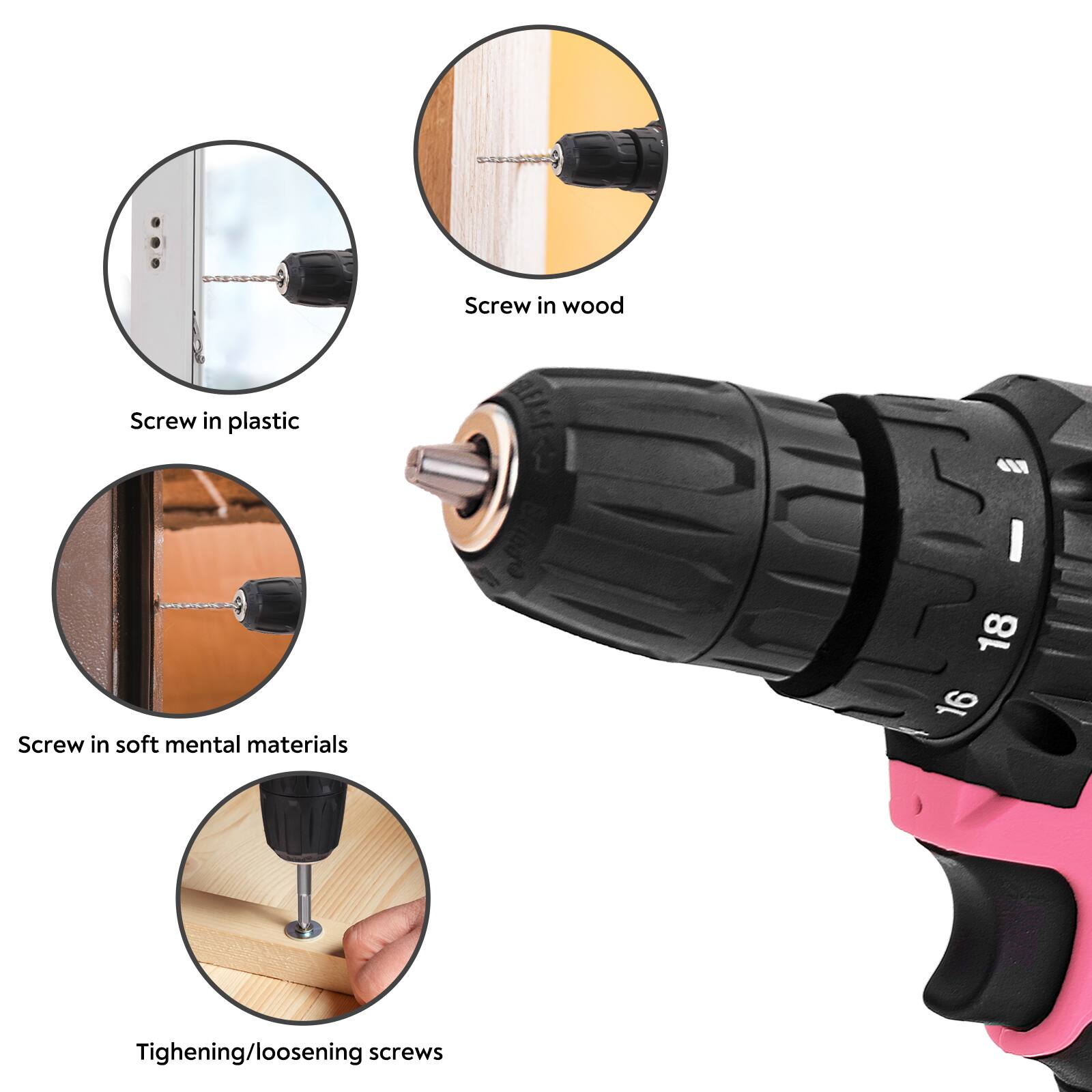 - Screw in plastic
- Screw in wood
- Screw in soft mental materials
- Tightening/loosening screws