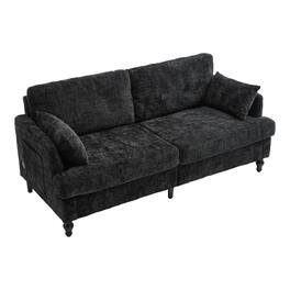 Ecooso - Modern Chenille 2-Seater Sofa with Wood Legs, LED Light, USB Charging Port & Storage Bag for Living Room & Bedroom - Black