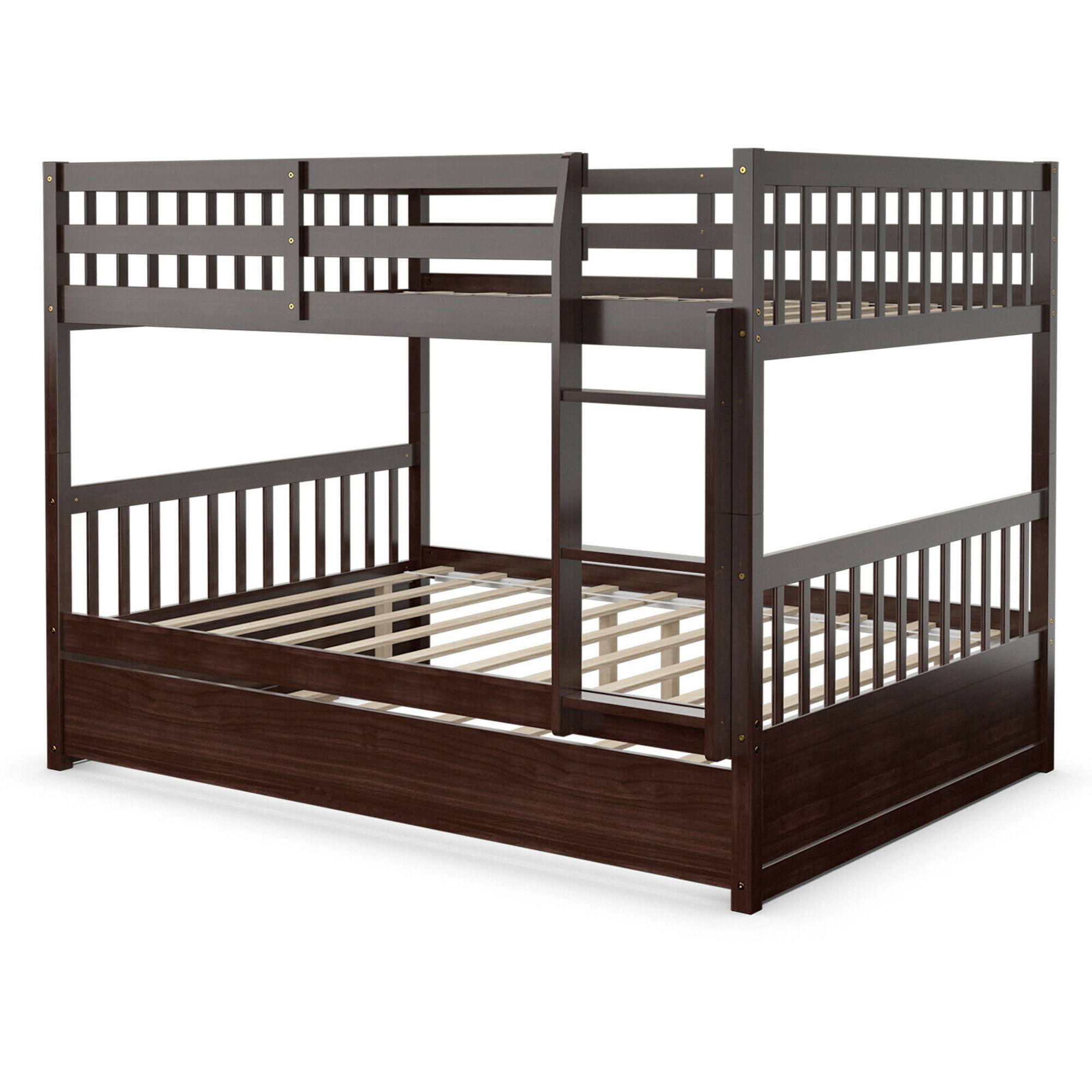 Alt View 6. Gymax - Gymax Full over Full Bunk Bed Platform Wood Bed w/ Trundle & Ladder Rail - Brown.