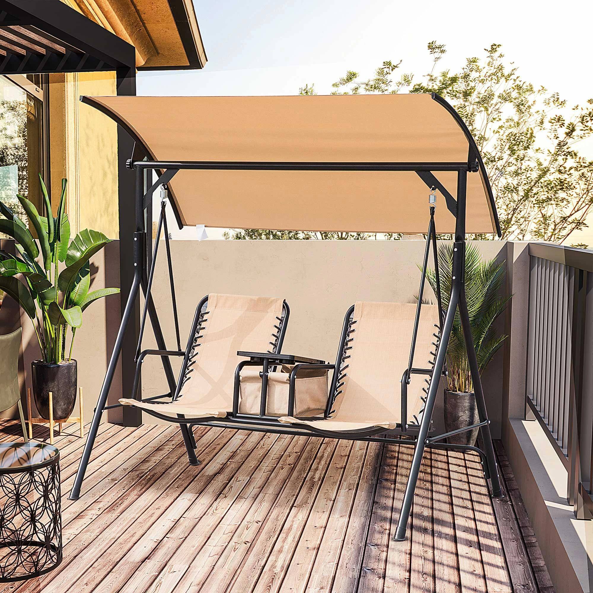 Alt View 7. Resenkos - Resenkos 2-Person Swing With Canopy, Storage, Cup Holder, Blue, Outdoor Porch Seating, Beige/Black.