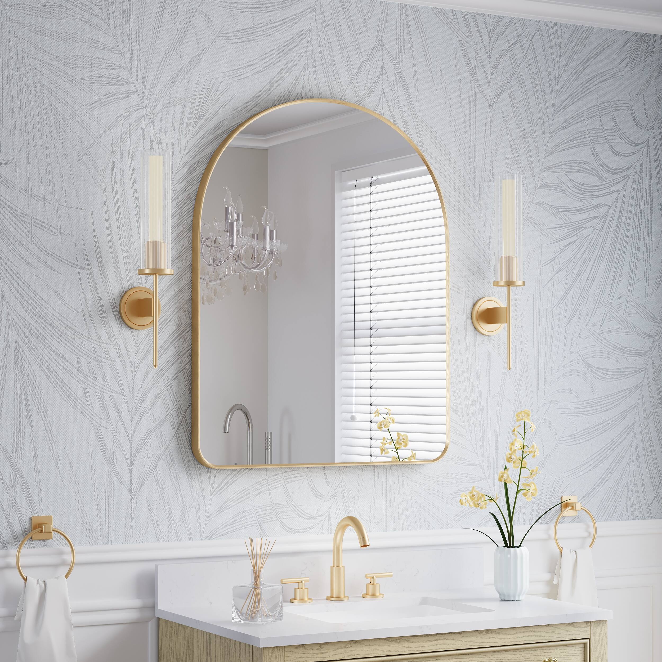 Angle. WELLFOR - 28 in. W x 36 in. H Arch Anodized Aluminum Framed Bathroom Vanity Mirror - Brushed Gold.