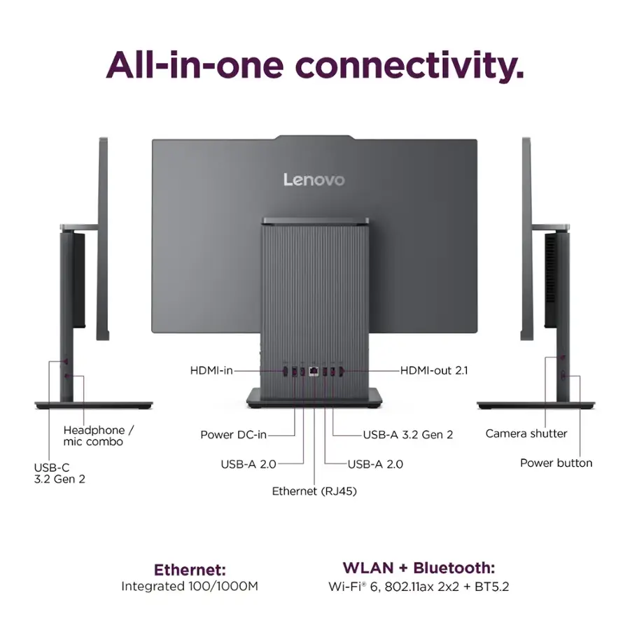 All-in-one connectivity. Lenovo HDMI-in HDMI-out 2.1 Headphone/mic combo Power DC-in USB-A 3.2 Gen 2 Camera shutter USB-C 3.2 Gen 2 USB-A 2.0 USB-A 2.0 Ethernet (RJ45) Power button.