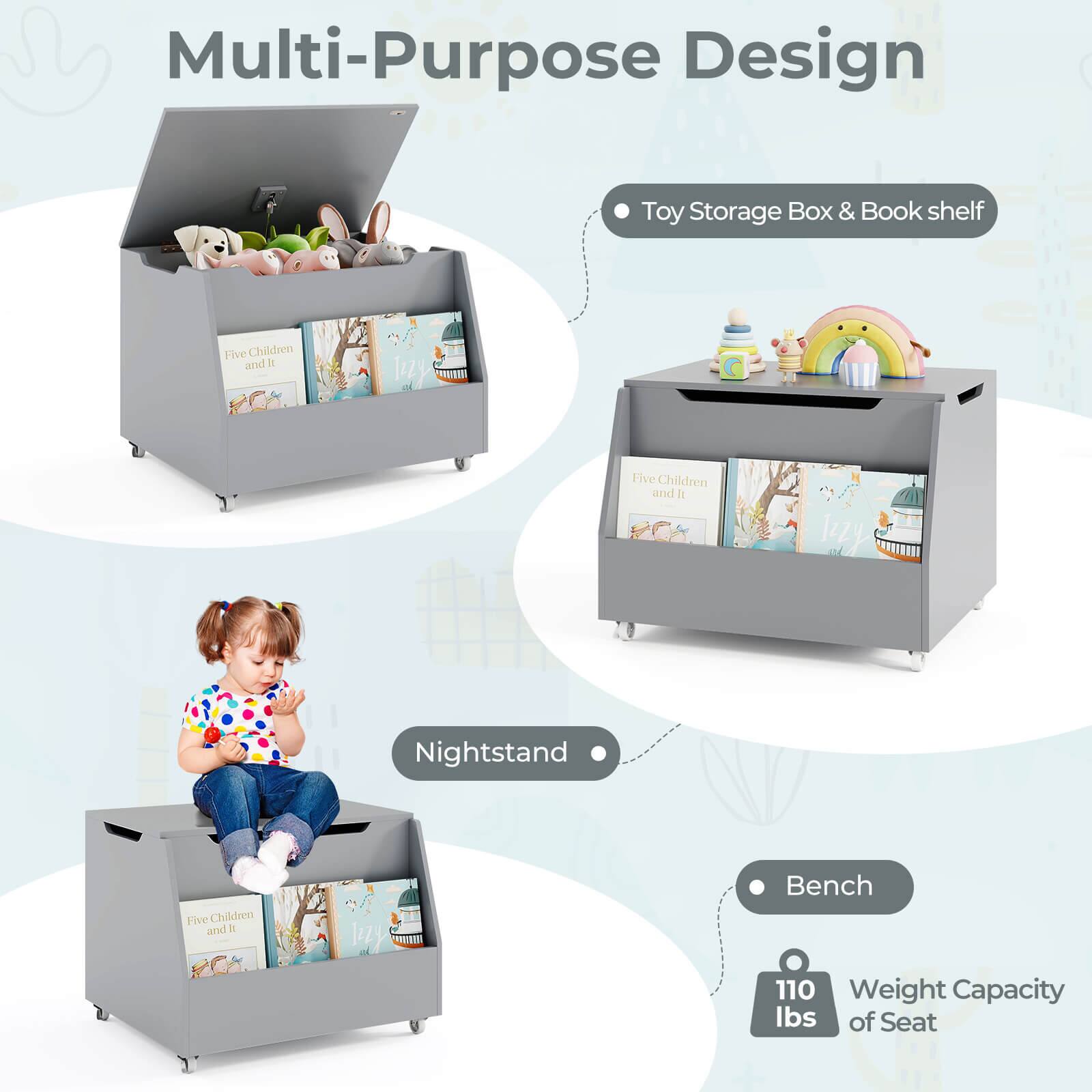 Multi-Purpose Design

- Toy Storage Box & Book shelf
- Nightstand
- Bench
- Weight Capacity of Seat: 110 lbs