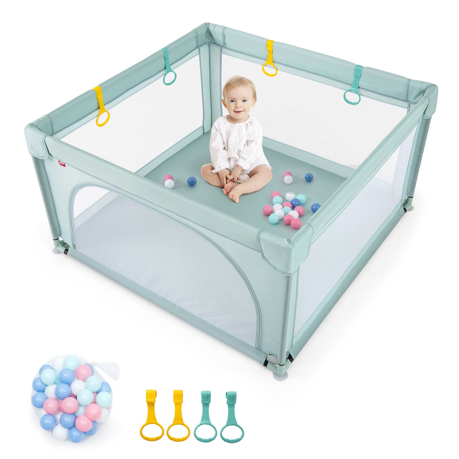Gymax - Baby Playpen for Toddlers Large Kids Activity Center w/ 50 PCS Ocean Balls & 4 Pull Rings - Blue