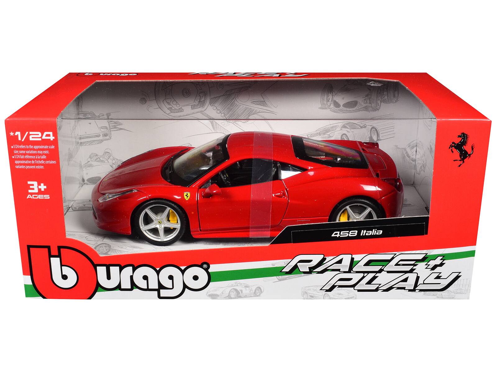 - *1/24 + 124 refers to the approximate scale. Some variations may exist.  
- *1/24 fait référence à l'échelle approximative. Certaines variantes peuvent exister.  
- 3+ AGES  
- 458 Italia  
- RACE + PLAY