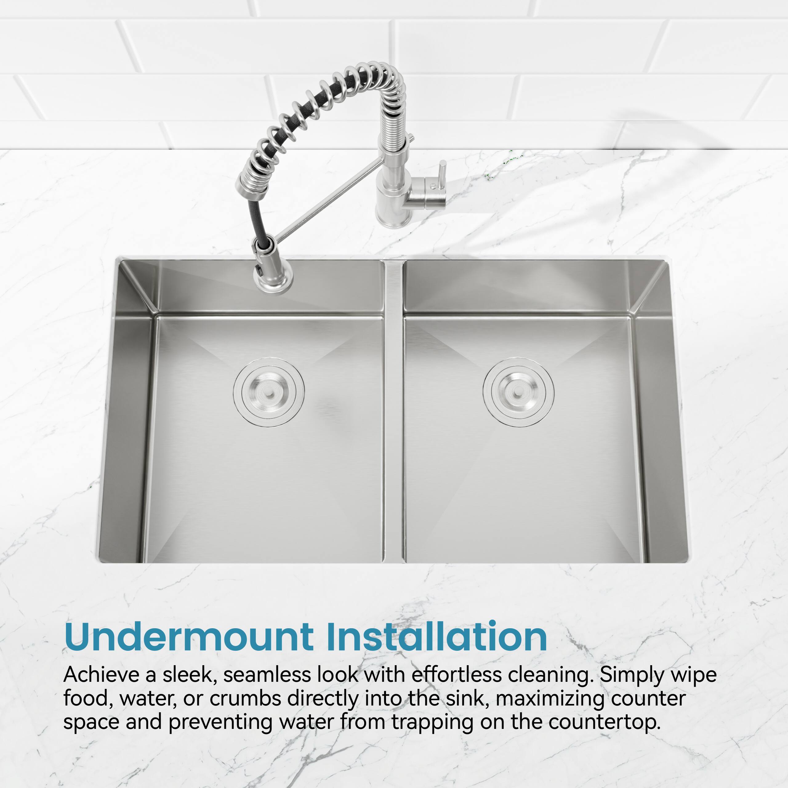 Undermount Installation

Achieve a sleek, seamless look with effortless cleaning. Simply wipe food, water, or crumbs directly into the sink, maximizing counter space and preventing water from trapping on the countertop.