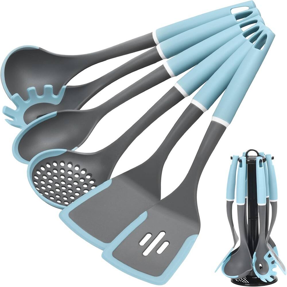 Front. RTMB - Six pieces of silicone cooking utensils, non-stick spatula set with rotating stand, - Grey Blue.