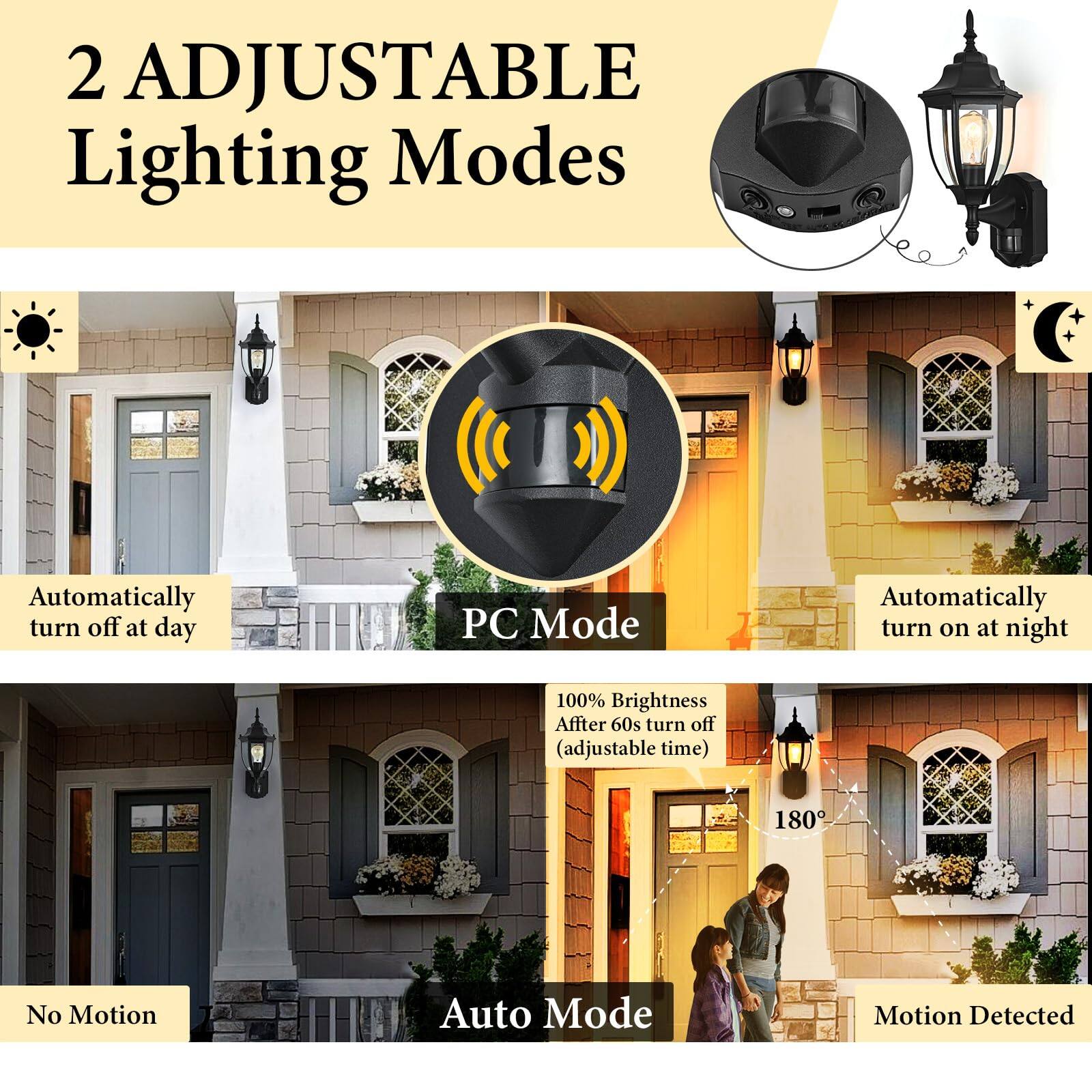 2 Adjustable Lighting Modes

PC Mode
- Automatically turn off at day
- Automatically turn on at night
- 100% Brightness
- After 60s turn off (adjustable time)

Auto Mode
- No Motion
- Motion Detected