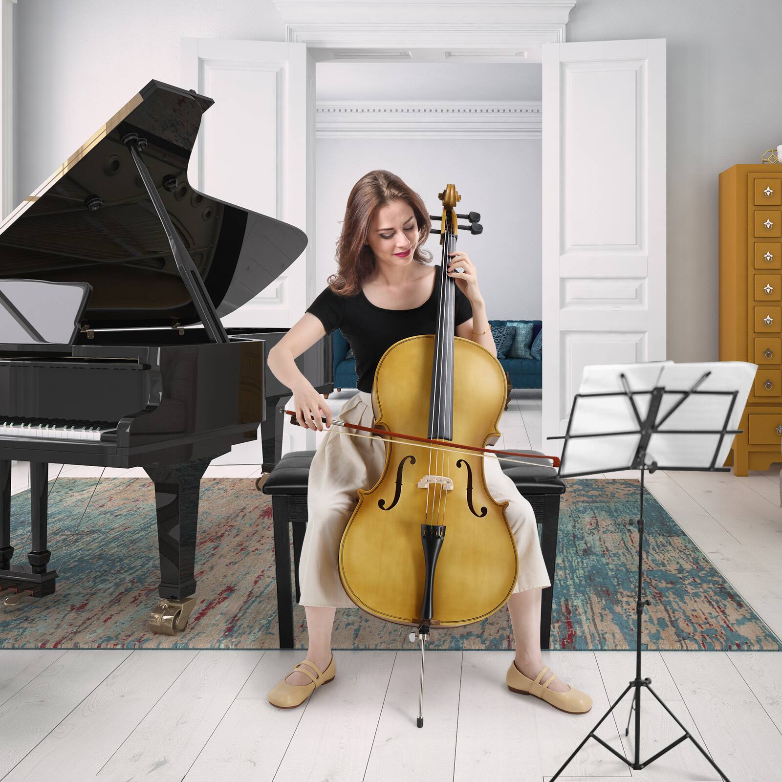 Back. Winado - Full Size Cello, 4/4 Solid Wood Acoustic Cello with Sturdy Stand, Portable Bag, Premium Rosin and Extra String.