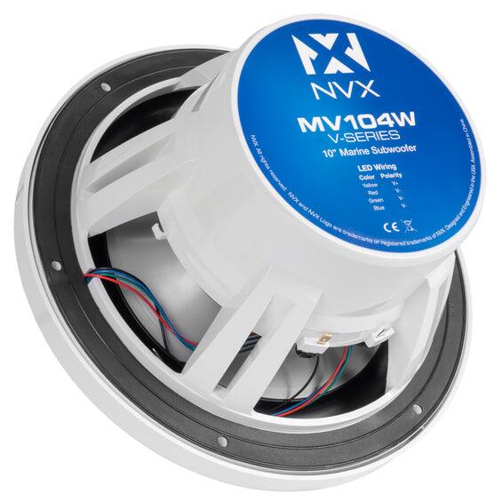 NX NVX MV104W XW V-SERIES Al 10" Marine Subwoofer LED Wiring Color Polarity reserved Yellow We V Ped NVK Green W. and iue V. NVK and Logo are CE Designed trademarks of MX or registered trademarks