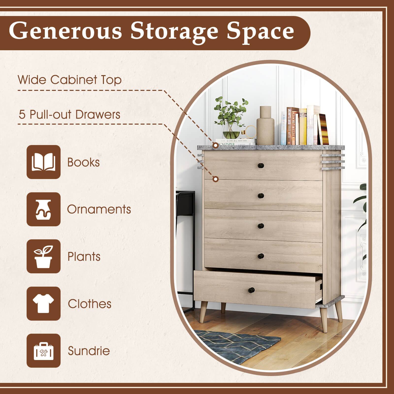 Generous Storage Space Wide Cabinet Top 5 Pull-out Drawers Books Ornaments Plants Clothes Sundries