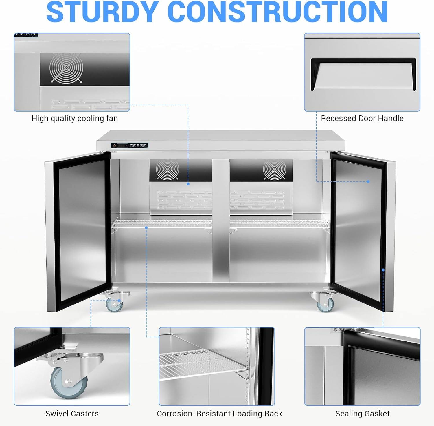 STURDY CONSTRUCTION

- High quality cooling fan
- Recessed Door Handle
- Swivel Casters
- Corrosion-Resistant Loading Rack
- Sealing Gasket