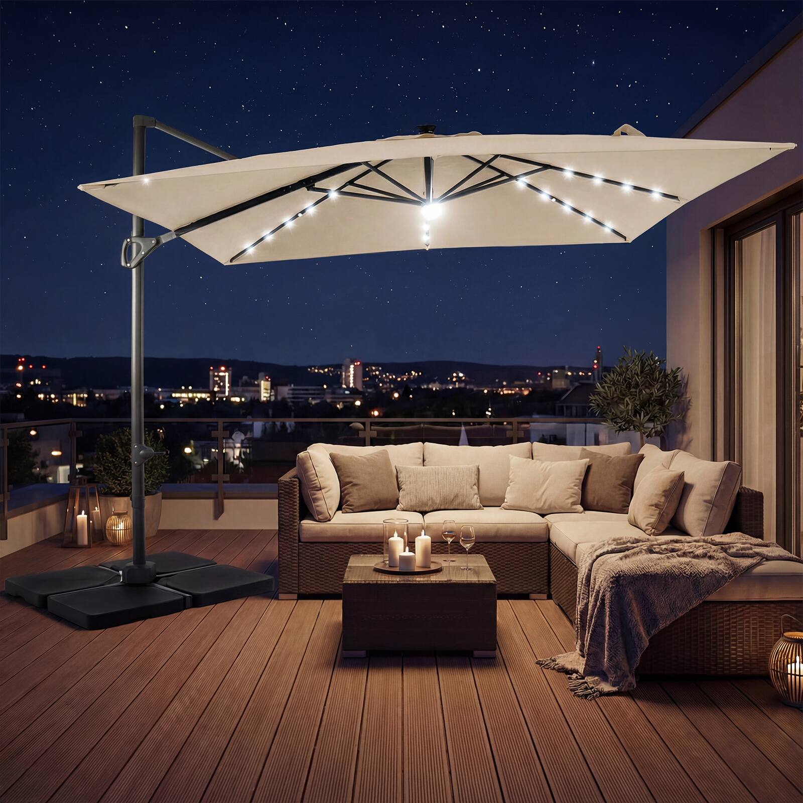 Alt View 3. Gymax - Gymax 10 FT Cantilever Outdoor Umbrella w/ 32 Solar LED Lights & 220 LBS Base Beige & Black - Beige.