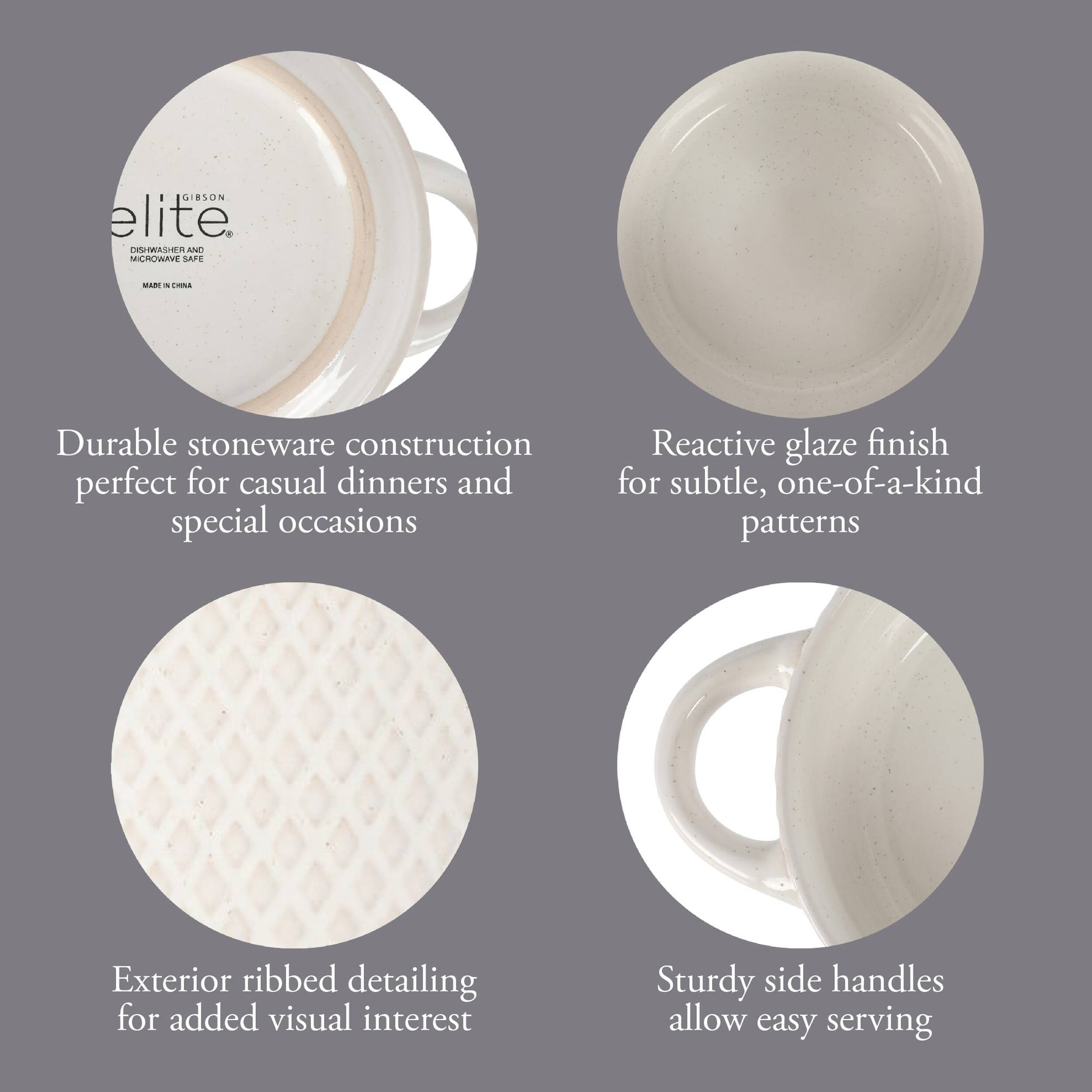 GIBSON elite. DISHWASHER AND MICROWAVE SAFE - Durable stoneware construction perfect for casual dinners and special occasions Reactive glaze finish for subtle, one-of-a-kind patterns Exterior ribbed detailing for added visual interest Sturdy side handles allow easy serving
