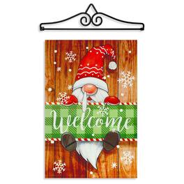 G128 - Combo Garden Flag Hanger 14.2 in & 12 x 18 in Double-Sided Christmas Welcome Gnome Flag - Red