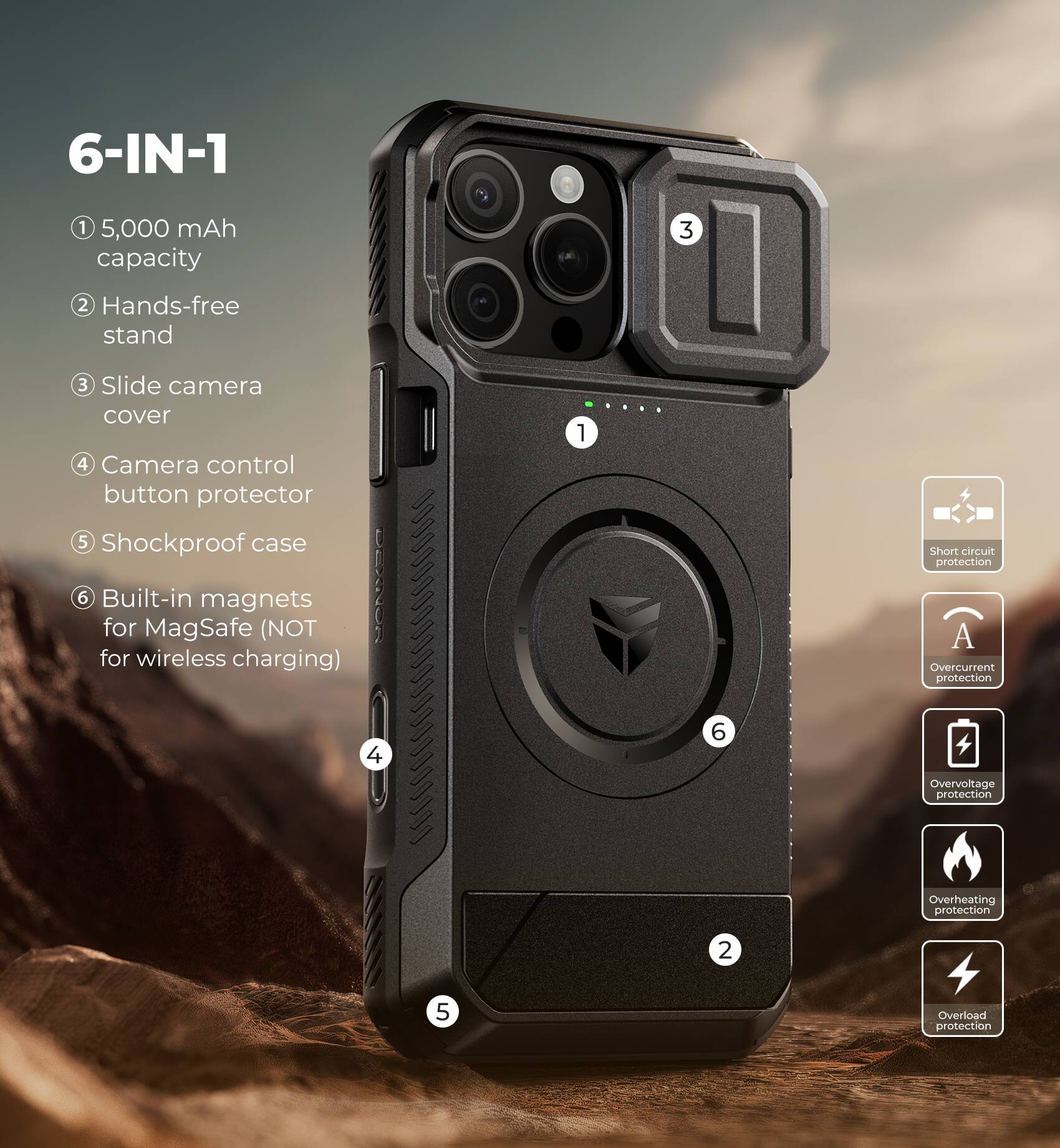 6-IN-1

1. 5,000 mAh capacity
2. Hands-free stand
3. Slide camera cover
4. Camera control button protector
5. Shockproof case
6. Built-in magnets for MagSafe (NOT for wireless charging)

1. Short circuit protection
2. Overload protection
3. Overcurrent protection
4. Overvoltage protection
5. Overheating protection