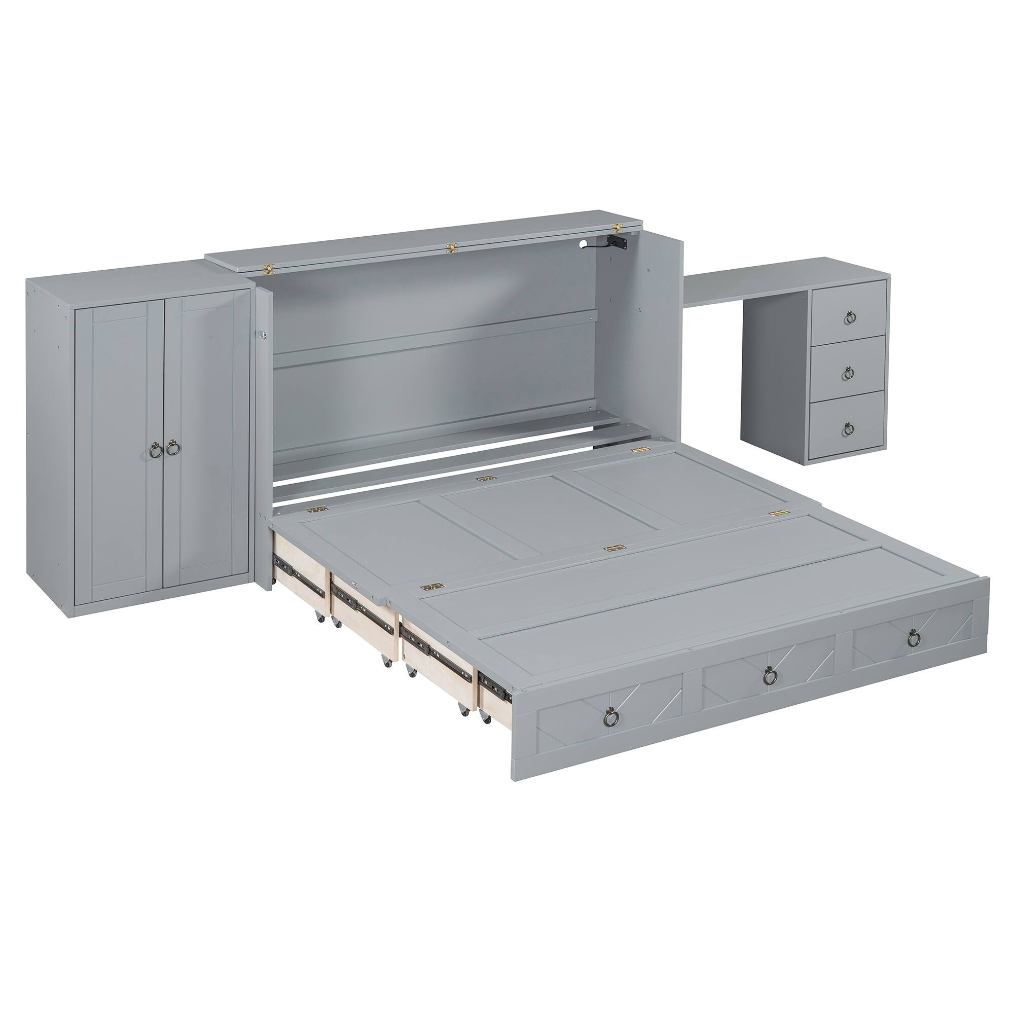 Alt View 5. Tiramisubest - Queen Size Murphy Bed with USB, Drawer, Wardrobe/Desk - Gray Wood+MDF Cabinet Bed - Gray.