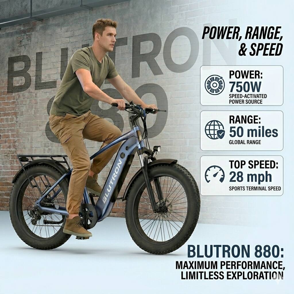 POWER, RANGE, & SPEED

POWER:  
750W  
SPEED-ACTIVATED POWER SOURCE

RANGE:  
50 miles  
GLOBAL RANGE

TOP SPEED:  
28 mph  
SPORTS TERMINAL SPEED

BLUTRON 880:  
MAXIMUM PERFORMANCE,  
LIMITLESS EXPLORATION