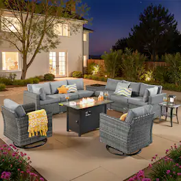 Ovios - 11 PCS Outdoor Patio Furniture Sectional Sofa with Swivel Chairs, Coffee Table & 42" Fire Pit Table - Dark Gray