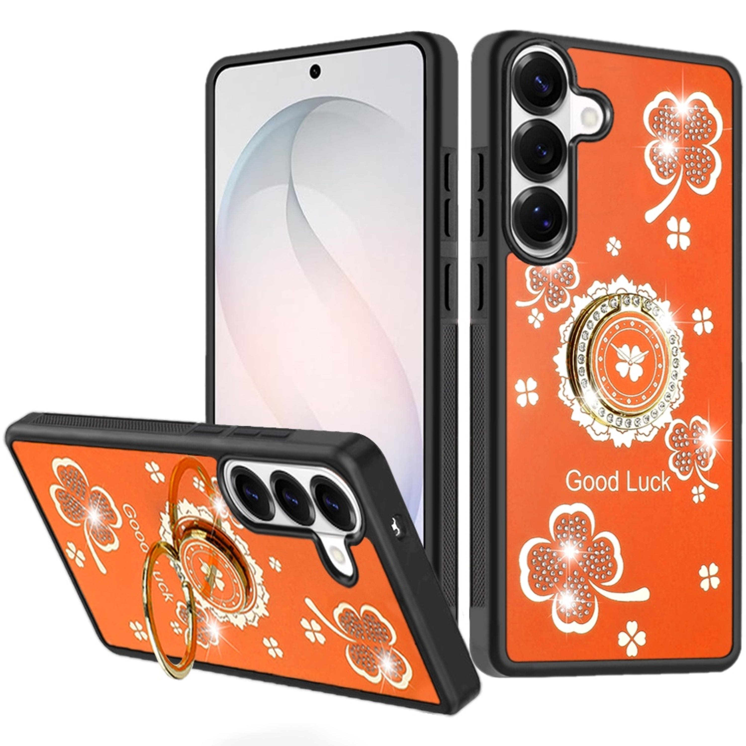 Kitcheniva - Rhinestone Bling Decor Glitter Cover Plus Tempered Glass For Samsung S26 Good Luck Floral - Cosmic Orange price history on PriceWatchPro