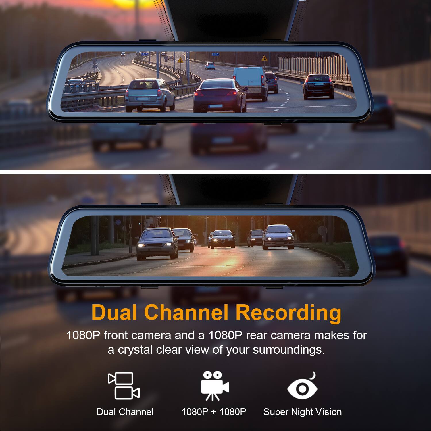 Dual Channel Recording: 1080P front camera and a 1080P rear camera make for a crystal clear view of your surroundings.