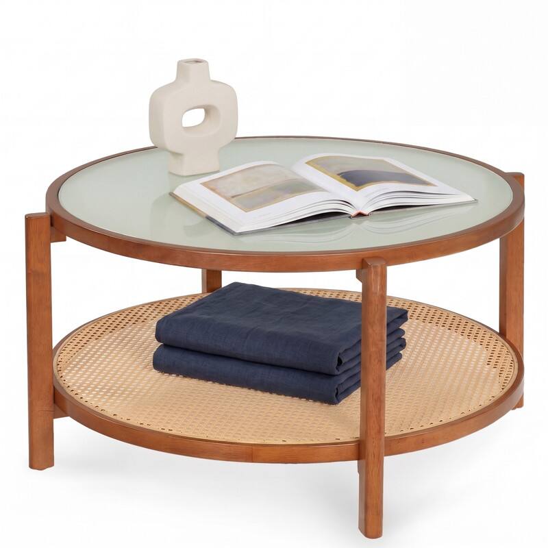 Left. WELLFOR - 35" Rattan Coffee Table with Frosted Tempered Glass Top & Storage Shelf, Round Center Table Cocktail Tea Table - Walnut.