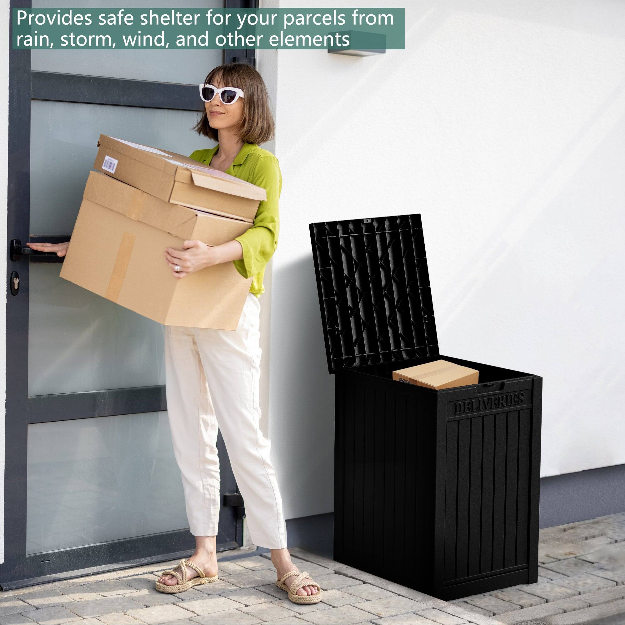 Provides safe shelter for your parcels from rain, storm, wind, and other elements

DELIVERIES