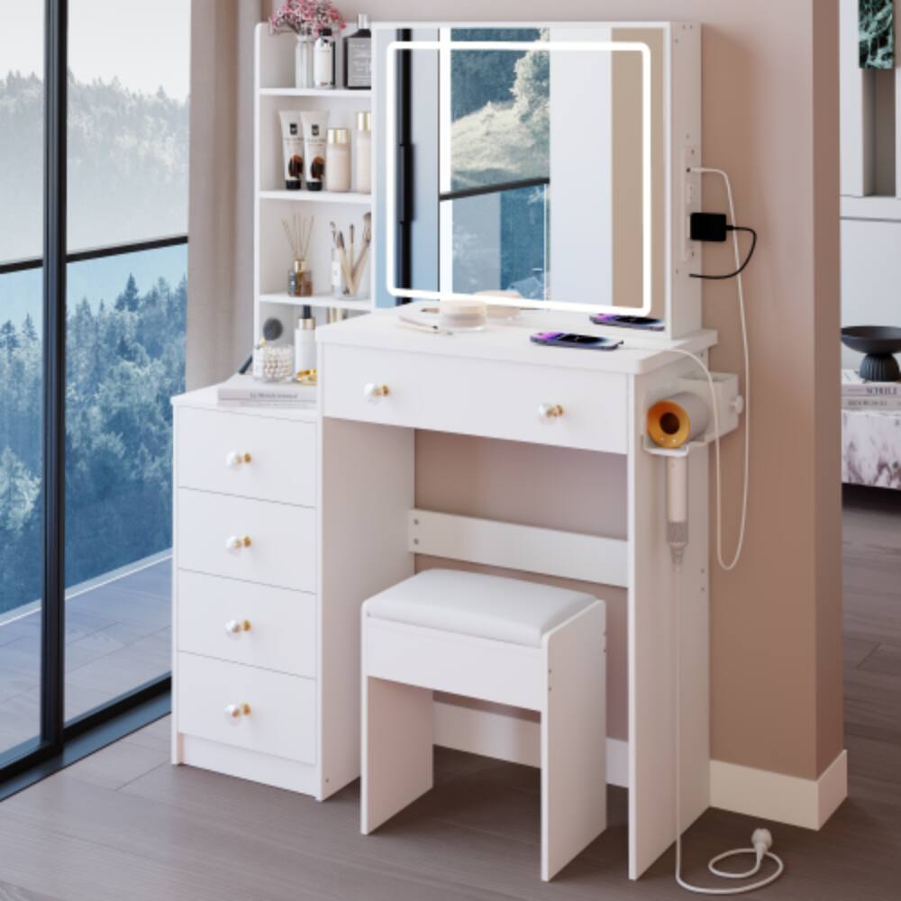 Back. LUCKY ONE - 37in Vanity Set with Touch Control LED Sliding Mirror, 2AC+2USB, Hair Dryer Stand and Stool - White.