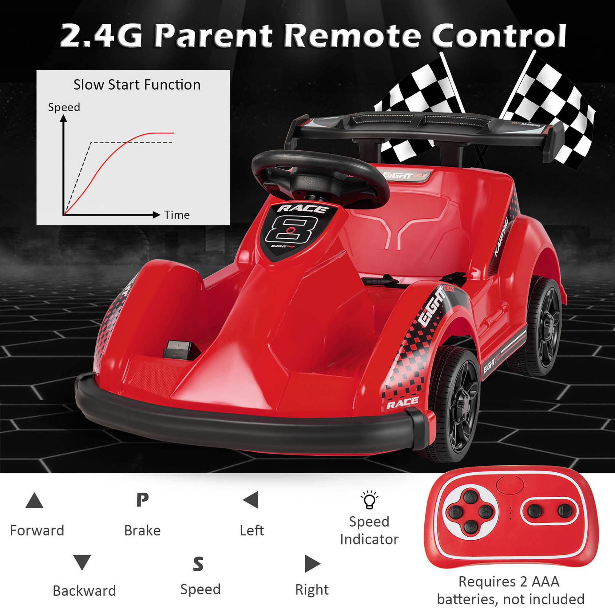 2.4G Parent Remote Control

Slow Start Function

Speed
EIGHT
Time
RACE 8 ECHT
EIGHT RACE
EGHT

P Forward Brake Left S Backward Speed
Speed Indicator Right

Requires 2 AAA batteries, not included