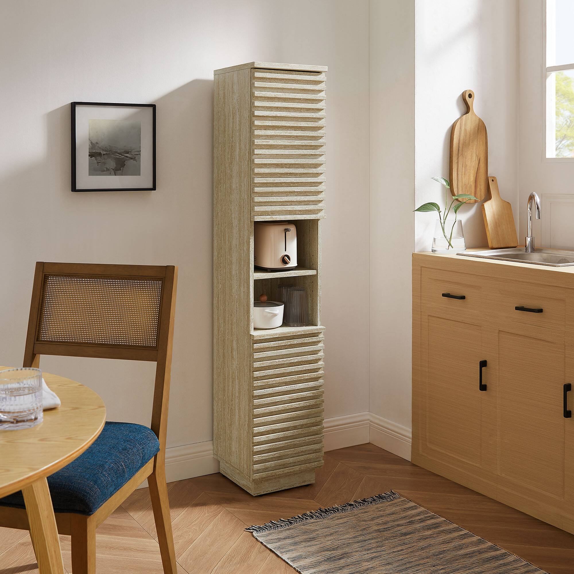 Render Tall Narrow Faux Linen Storage Cabinet by Modway - Travertine