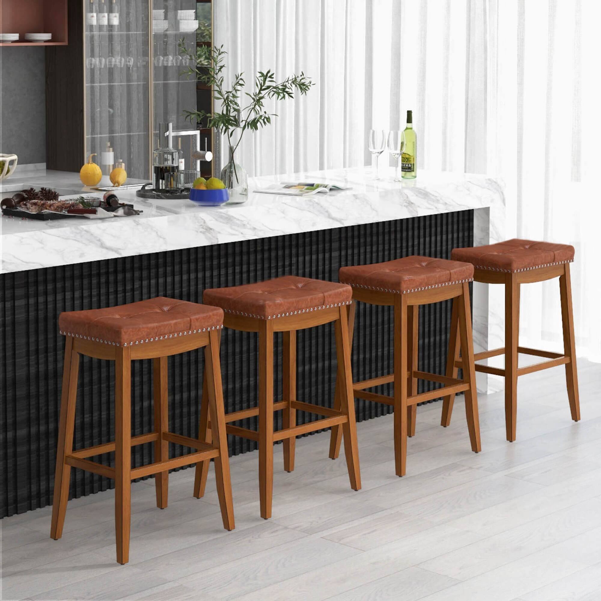 Alt View 1. Costway - 29" Bar Height Stools Set of 4 with PU Leather Seat Solid Rubber Wood Frame - Brown.