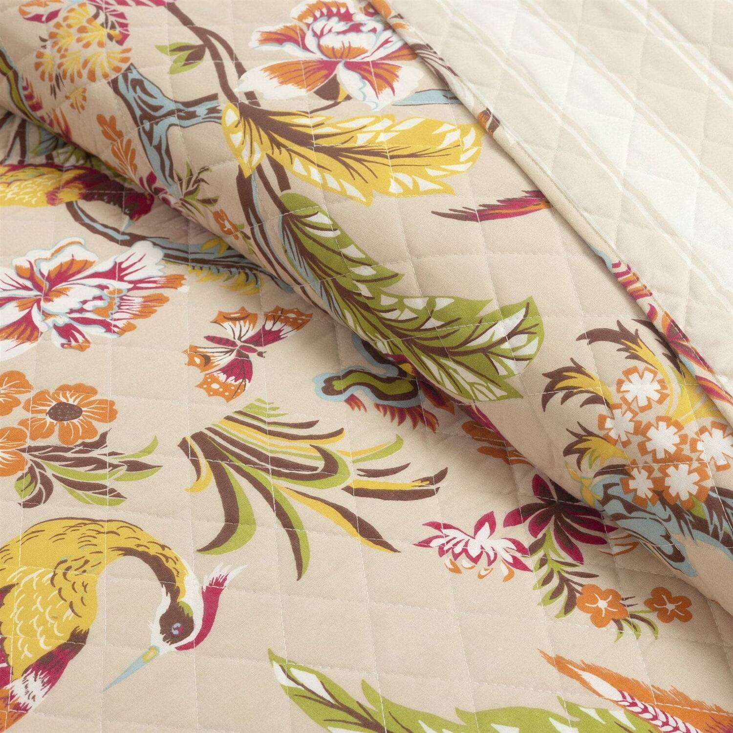 Left. Hivvago - King size 3 Piece Peacock Birds Floral Lightweight Polyester Quilt Set Tan - Tan.