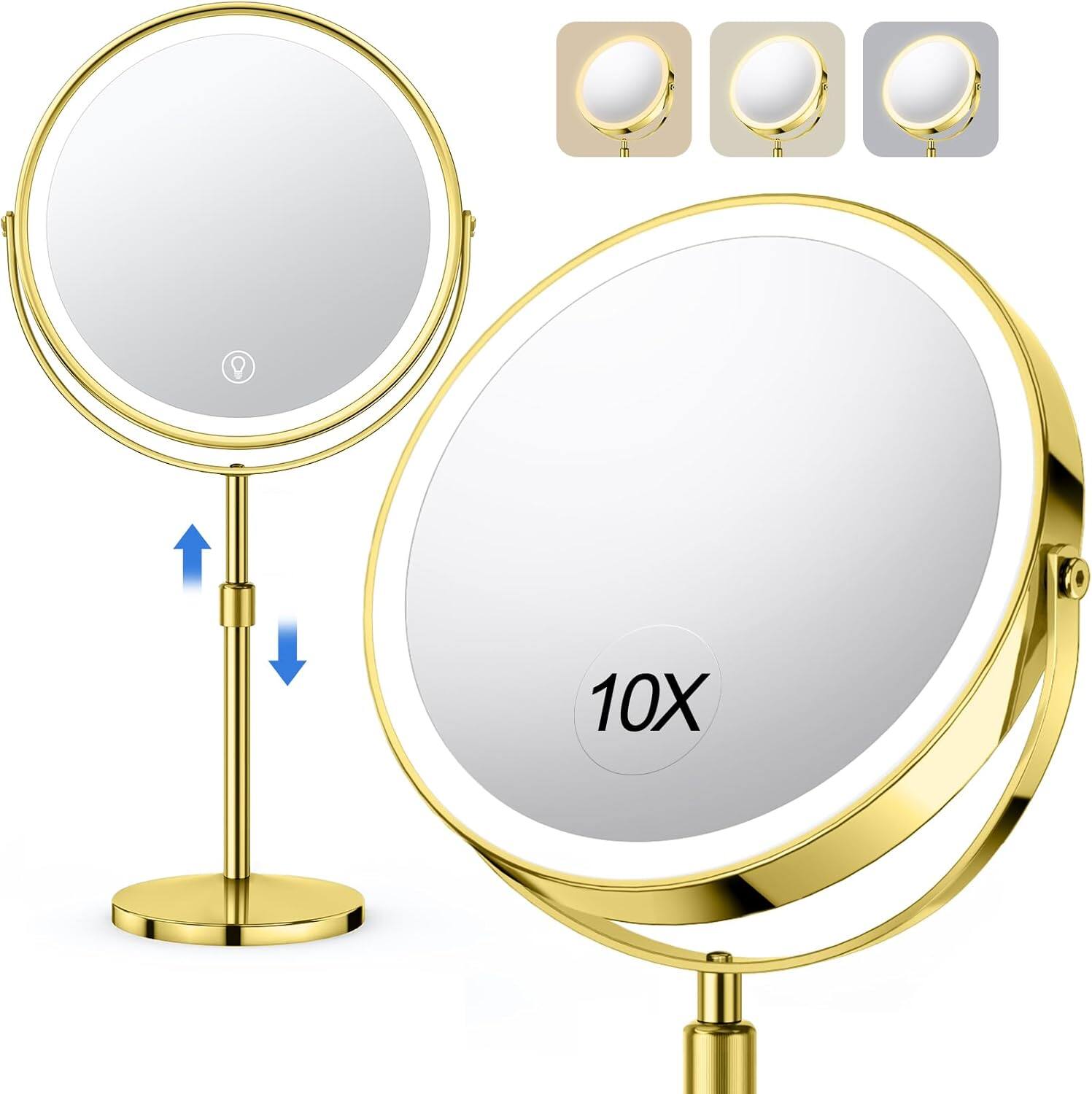 Alt View 3. Stamp n Camp - Lighted Makeup Mirror, Rechargeable Height Adjustable Double Sided, 1x/10x Magnifying with 3 Color... - Nickel.