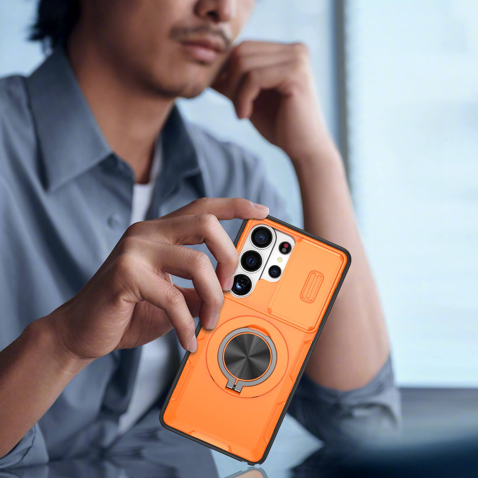 Left. Dteck - Rugged Magnetic Case for Samsung Galaxy S26 Ultra, Shockproof 360° Rotating Ring Stand Cover, Window Sliding Protection - Orange.