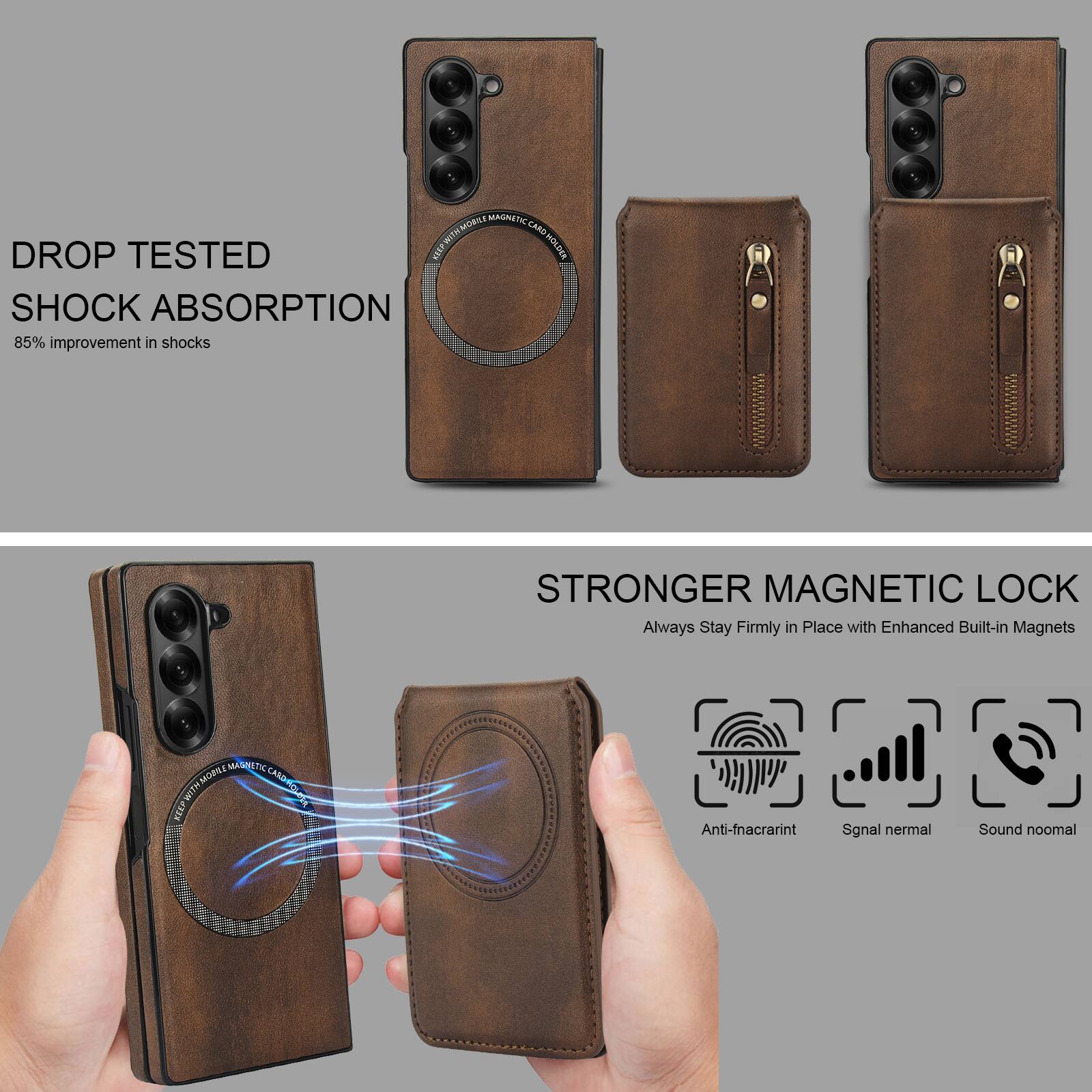 DROP TESTED  
SHOCK ABSORPTION  
85% improvement in shocks  

STRONGER MAGNETIC LOCK  
Always Stay Firmly in Place with Enhanced Built-in Magnets  

Anti-fnacrarint  
Sgnal nermal  
Sound noomal