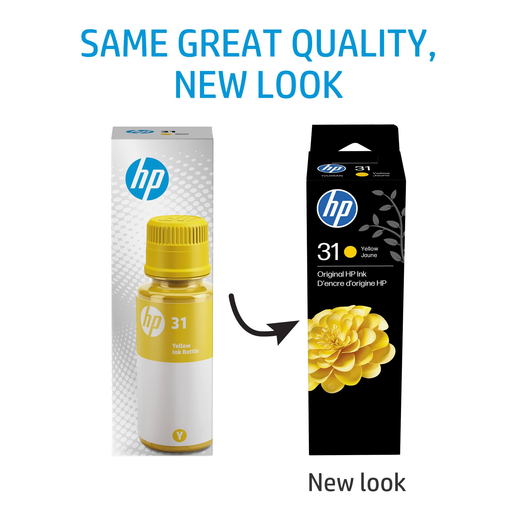 SAME GREAT QUALITY, NEW LOOK

hp 31 - Yellow Ink Bottle

Original HP Ink
D'encre d'origine HP

New look