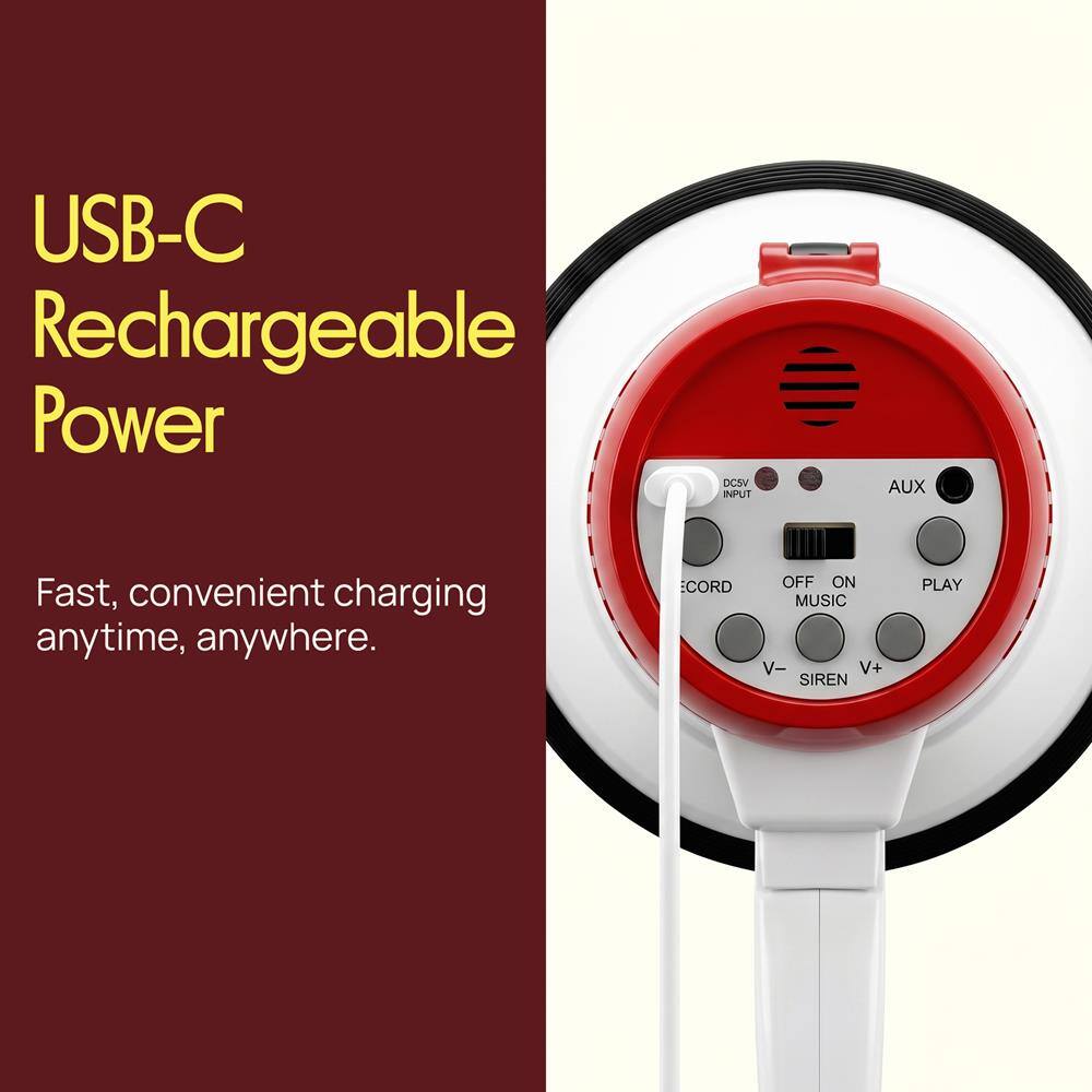 USB-C Rechargeable Power

Fast, convenient charging anytime, anywhere.

DCSV INPUT AUX

CORD OFF ON MUSIC V- V+ SIREN PLAY