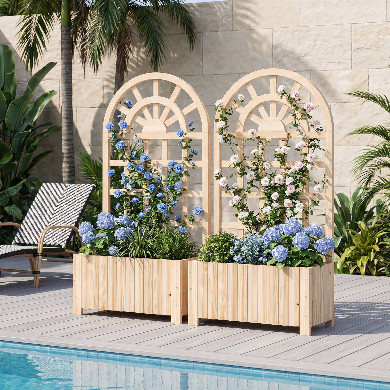 Alt View 4. Costway - Costway 48" Wooden Raised Garden Bed with Trellis, Drainage Holes for Flowers Vegetables - Natural.