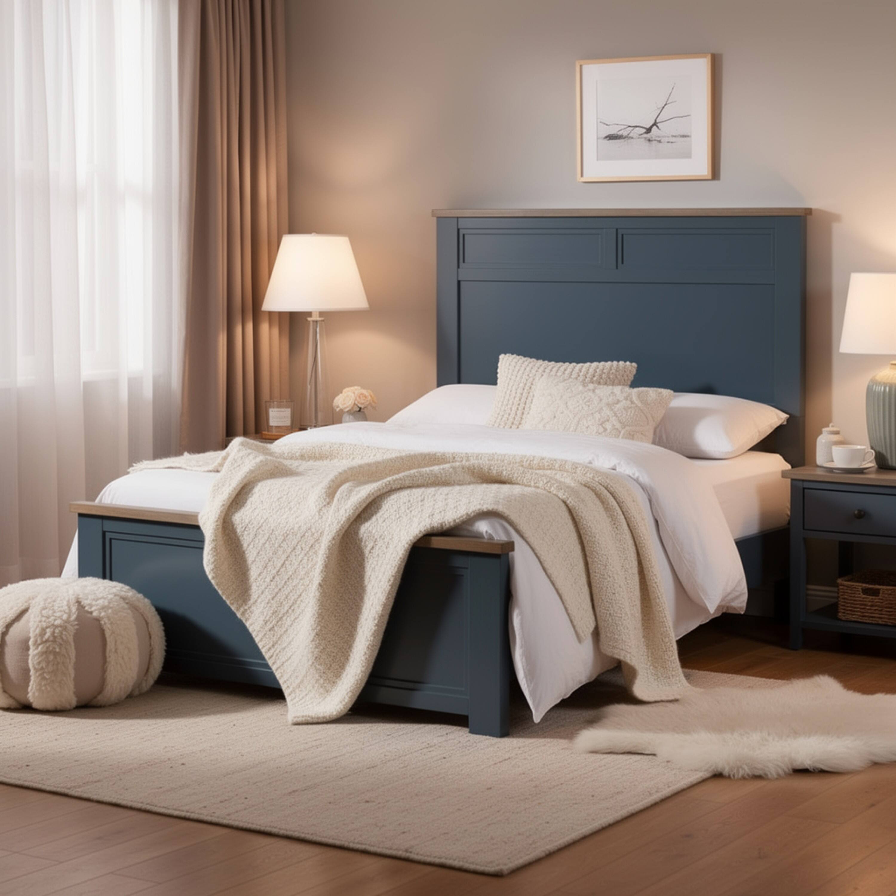 Alt View 6. Manhattan Lane - Tela Twin Size Bed w Recessed Panel Headboard, Dark Brown Trim - Blue, Dark Brown.