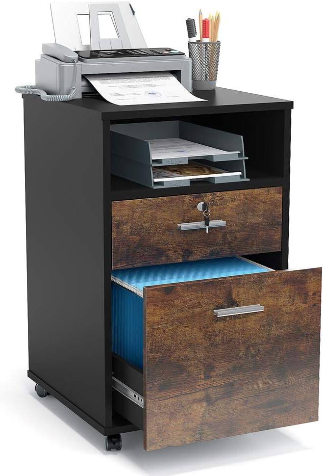 Front. TinyHomie - Mobile File Cabinet with Lock 2 Drawer Wood Filing Cabinet for Letter Size Files Rolling Printer Stand.