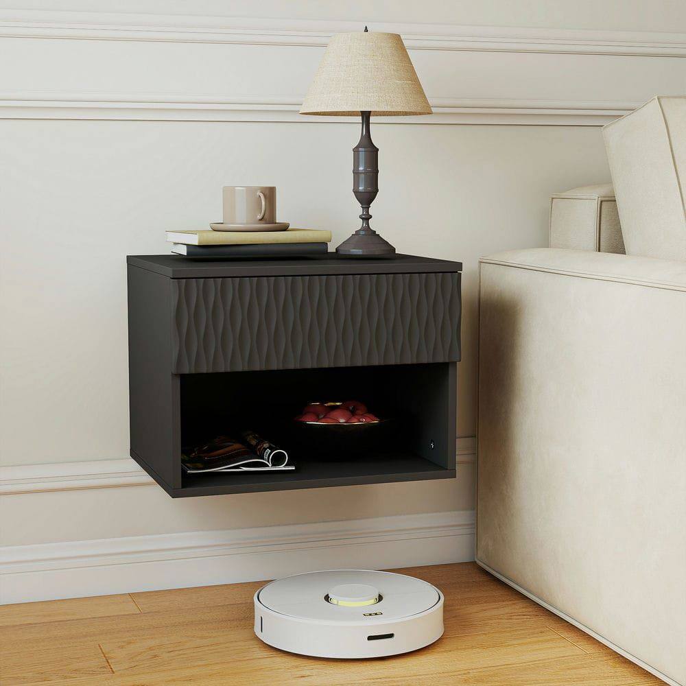 Alt View 9. Kadyn - Wavy-Textured Double-Mounted Wall-Mounted Floating Nightstand with Drawer for Bedroom - Black - Black.