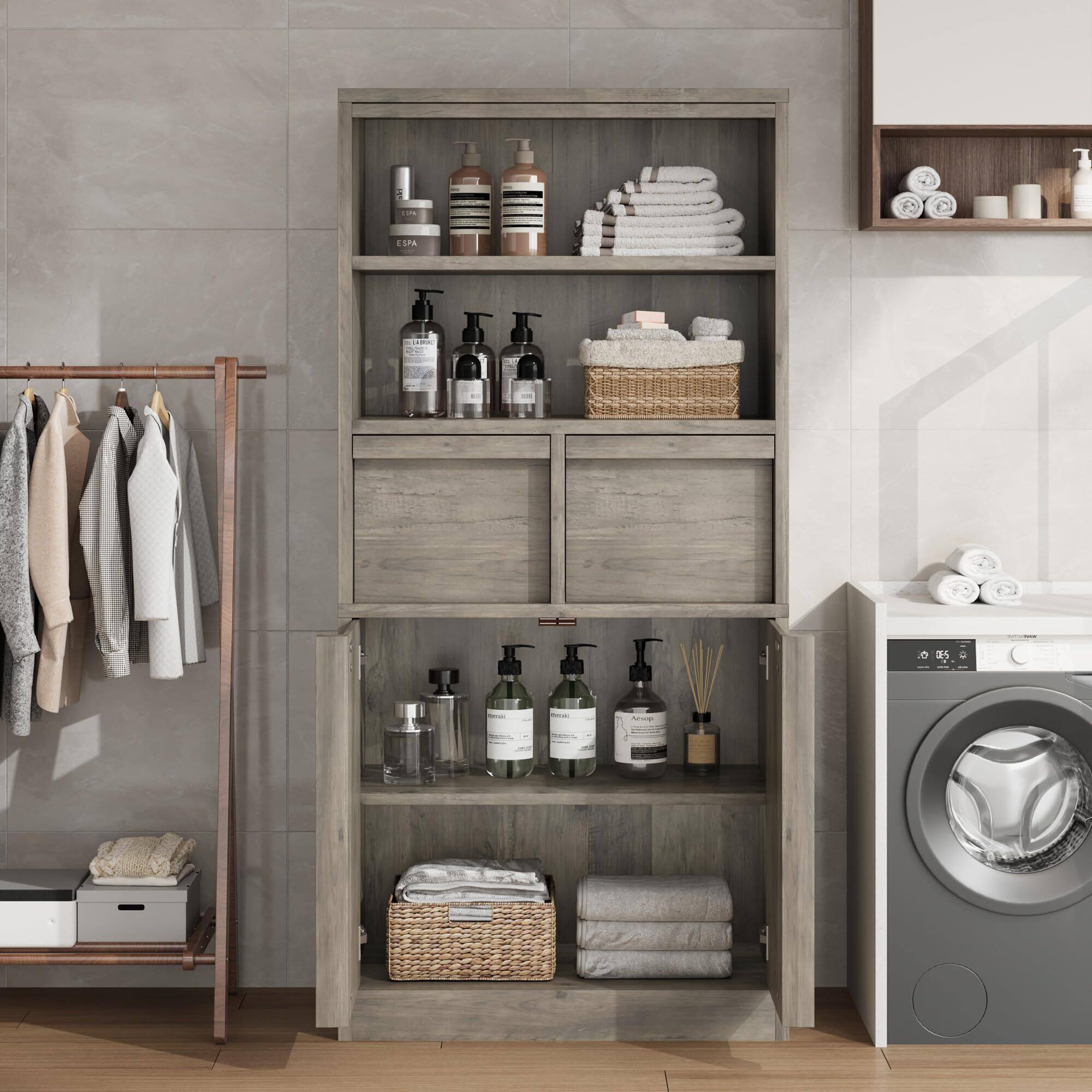 Alt View 2. Acekool - Tall Bathroom Cabinet, Floor Storage Cabinet with Doors & 2 Drawers, 51" H Tall Organizer Cabinet Freestanding - Grey.