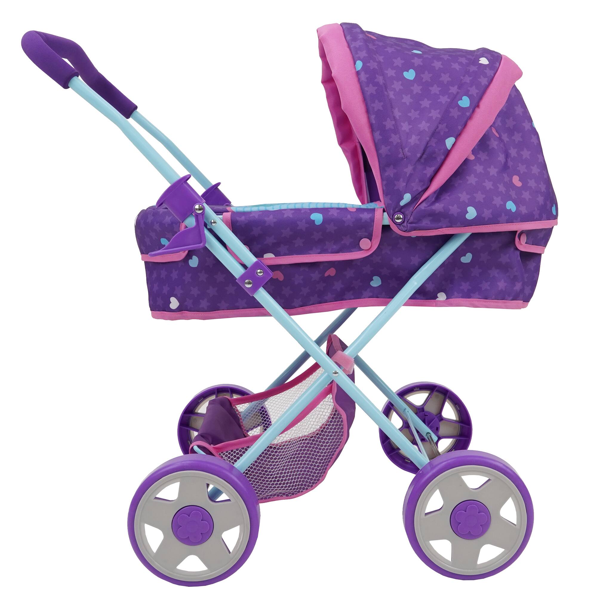 Back. 509 Crew - Mermaid Doll Pram W/ Large Canopy, Shopping Basket & Removable Carry Cot Bed.