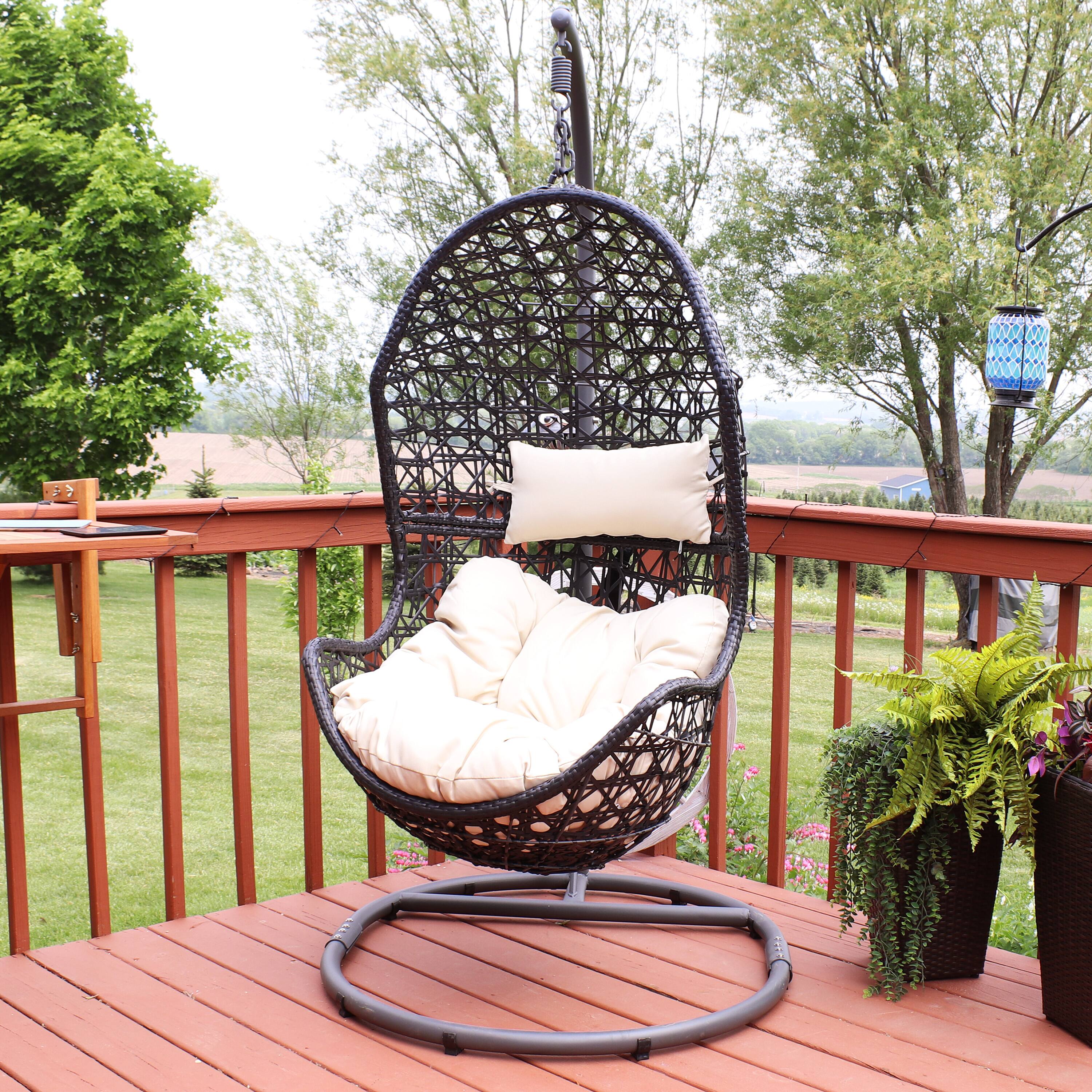 Alt View 3. Sunnydaze - Resin Wicker Hanging Egg Chair with Steel Stand/Cushions - Beige Cushions.